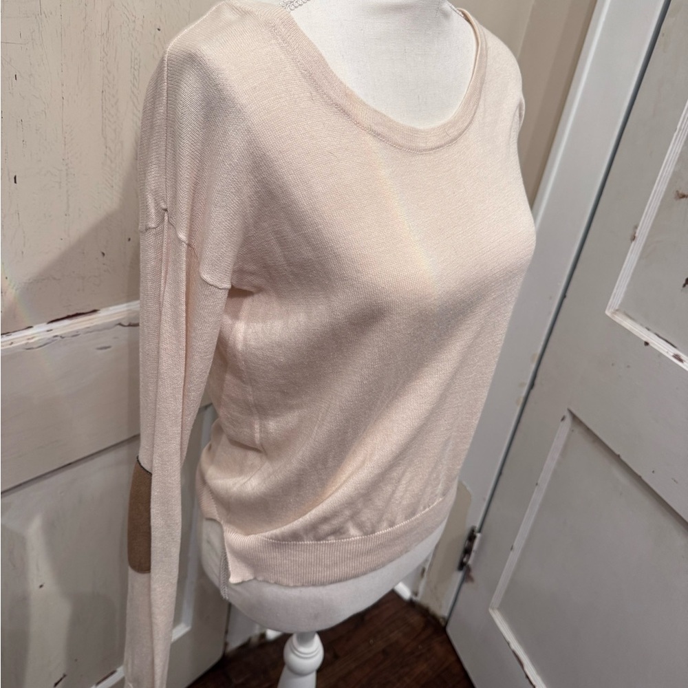 Xai brand. Thin tan sweater with brown suede elbow patches